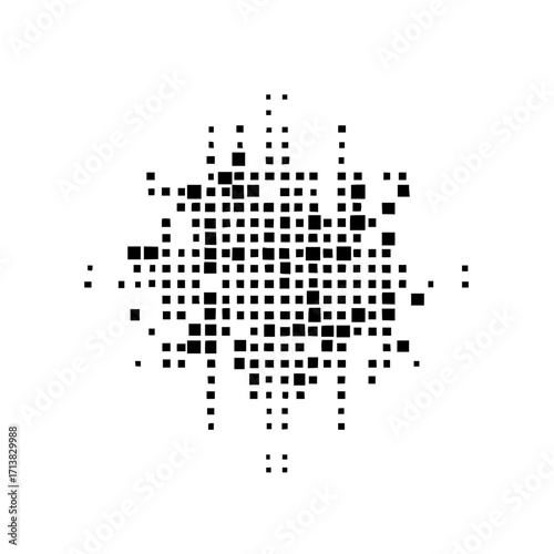 Abstract arrangement of black squares forming a central cluster on a white background with varying sizes