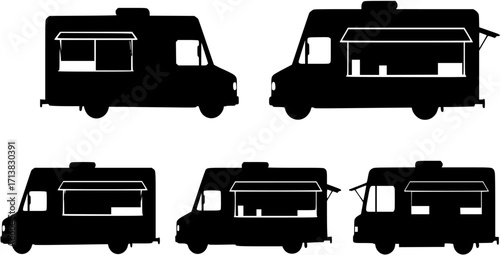 Angled side view silhouette design of a food truck with open serving window, food truck, food, truck, vehicle, mobile, street food, fast food, eatery, restaurant, cafe, catering, business, silhouette