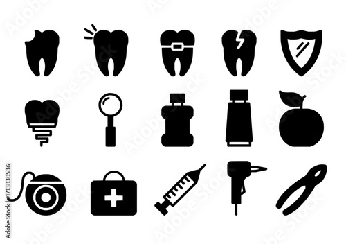 Essential dental care icons showcase healthy teeth, tools, and treatments for oral hygiene and wellness