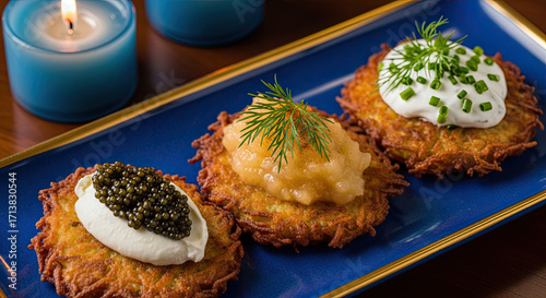 Golden potato pancakes with toppings on blue plate - canapes -