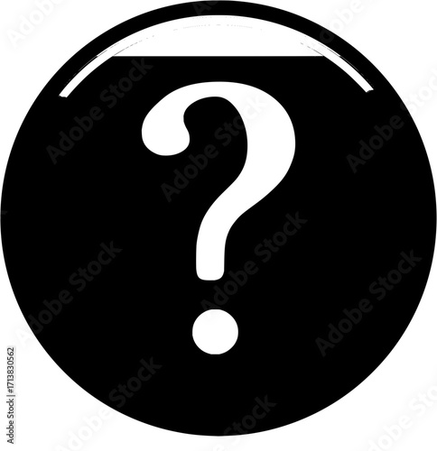 Bold white question mark graphic inside a black circle, abstract symbol of inquiry and mystery