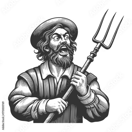 farmer wearing a hat, holding a pitchfork, and shouting with exaggerated expression sketch engraving generative ai fictional character vector illustration. Scratch board imitation. Black and white.