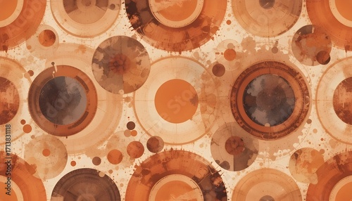Retro 70s Abstract Geometric Circles Wallpaper with Distressed Watercolor Texture in Warm Vintage Tones