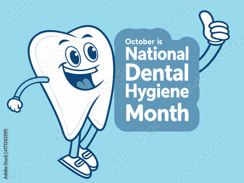 Cartoon Tooth Character Celebrates National Dental Hygiene Month in October with a Thumbs Up on a Light Blue Background