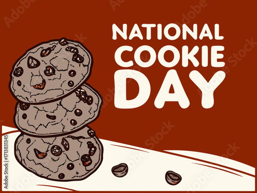 Celebrating National Cookie Day with a Stack of Delicious Chocolate Chip Cookies and Bold Typography on Brown Background