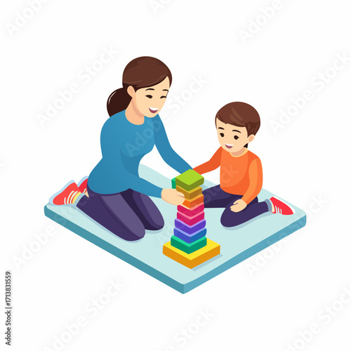 Vector image of Mother and child building colorful towers with wooden blocks learning through play activities