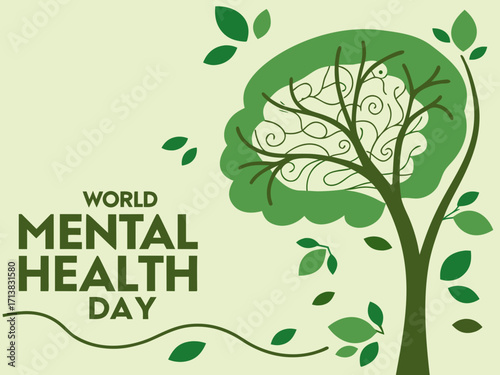 World Mental Health Day Illustration Featuring a Tree with a Brain Shaped Canopy and Green Leaves