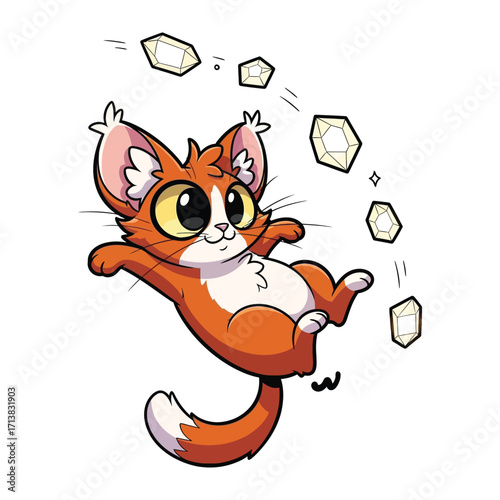 Joyful Feline and Sparkling Gemstones: A whimsical illustration of a playful cat levitating amidst a cascade of shining gemstones, radiating pure joy. 