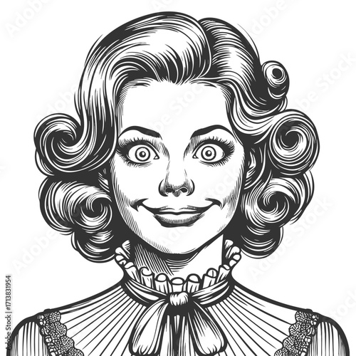 woman with retro curly hairstyle, wide eyes, and a quirky smile in old-fashioned attire sketch engraving generative ai fictional character vector illustration. Scratch board. Black and white image.