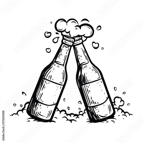 Two Beer Bottles Clinking in Celebration with Foam and Bubbles in Black and White Sketch Style