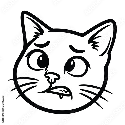 Anxious Feline's Dilemma: A close-up vector illustration of a cat, rendered in monochrome, expresses anxiety through wide eyes and a worried facial expression.