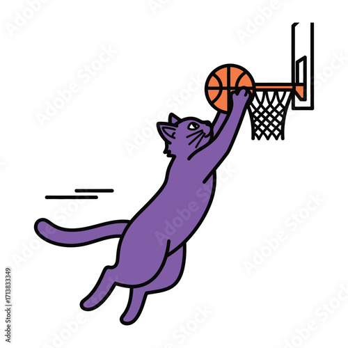 Slam Dunk by Cat: A whimsical illustration of a purple cat executing a perfect slam dunk, showcasing agility and playful spirit in a simple yet captivating design.