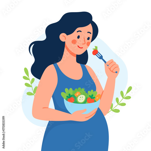 Pregnant woman in blue dress eating fresh vegetable salad healthy lifestyle flat vector illustration