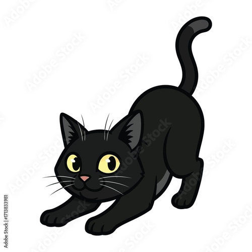Playful Black Cat: A charming cartoon depiction of a sleek, black cat, mid-stretch with big yellow eyes, showcasing agility and a playful spirit.