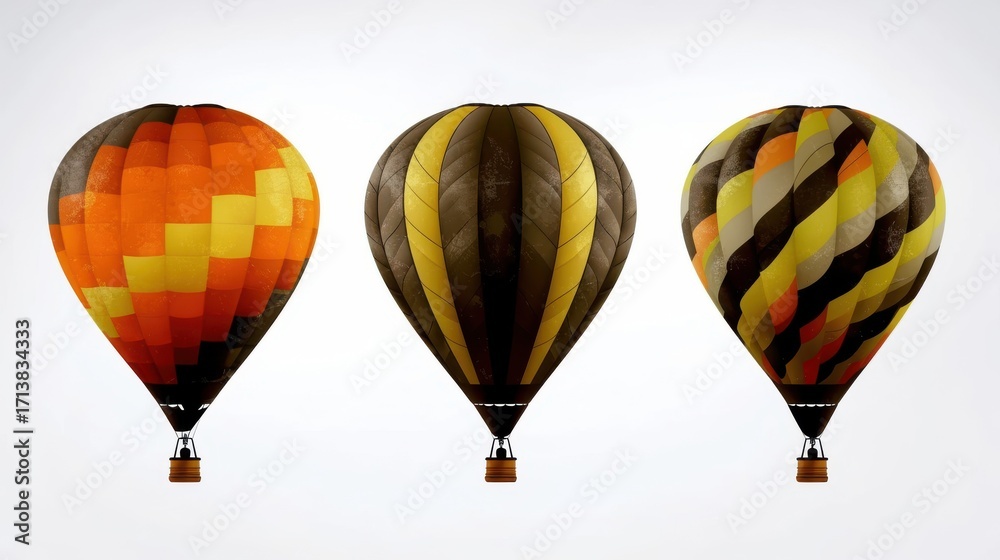 Obraz premium Three vibrant hot air balloons in orange and black patterns, showcasing their unique designs against a bright background.