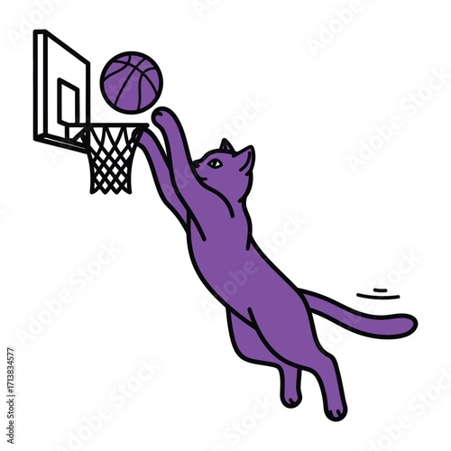 Slam Dunk Cat: A dynamic purple cat with a determined gaze leaps for a slam dunk, the ball perfectly positioned to soar through the basketball hoop in this illustration.
