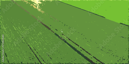 Abstract green field with diagonal lines and textured brushstrokes under bright sunlight