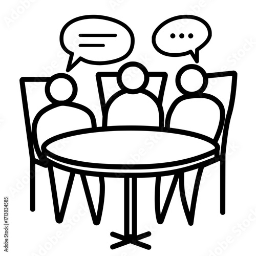 Diverse team collaborates at a round table discussing ideas with speech bubbles indicating conversation