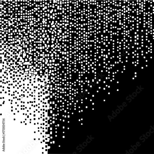 Scattered white squares fading into solid black background creating a pixelated gradient effect art 100