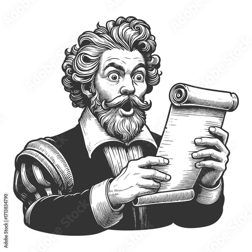 man with curly hair and mustache, looking shocked while reading a parchment scroll sketch engraving generative ai fictional character vector illustration. Scratch board imitation. Black and white.