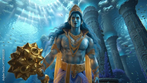An underwater mythological deity wields a golden mace, surrounded by shimmering light and ocean depths, radiating divine strength.