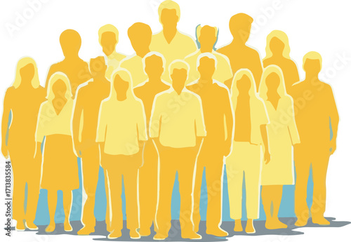 Diverse Group of People Standing Together in Warm Yellow Tones