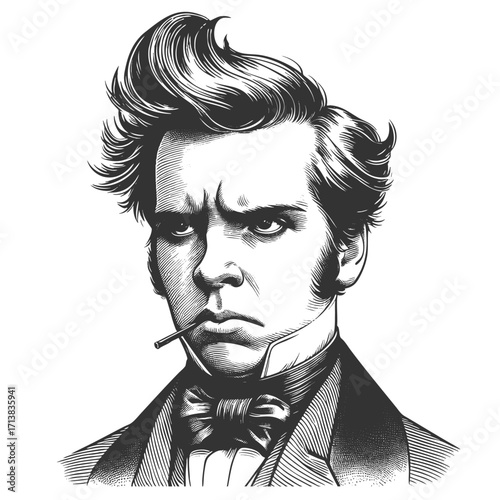 stern man with styled hair, wearing a bow tie and suit sketch engraving generative ai fictional character vector illustration. Scratch board imitation. Black and white image.