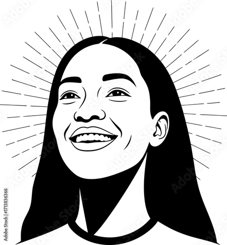 Young woman with radiant smile looking upwards with hope and determination, surrounded by light rays