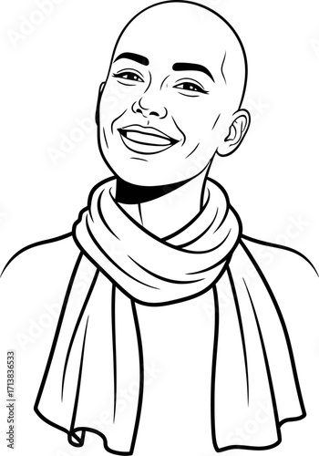 Smiling bald woman with a scarf, looking up with joy and confidence