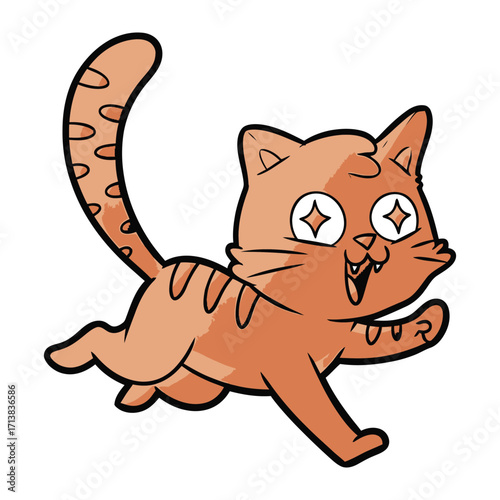 Cartoon Cat in Action: A playful, energetic cartoon cat joyfully bounds forward with an ecstatic expression. Capturing the essence of animated cheer, vibrant movement, and feline glee