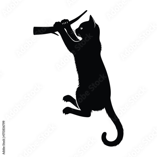 Silhouette of Cat: A sleek black cat, captured in a minimalist silhouette, grips a tree branch with determination, embodying the essence of agility and a playful spirit.
