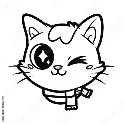 Winking Cat Portrait: An enchanting black and white illustration of a charming cat, captured in a close-up view and a delightful wink, wearing a fashionable scarf. 