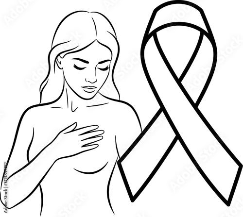 Woman gently touches chest near awareness ribbon, symbolizing hope and support in health campaigns.