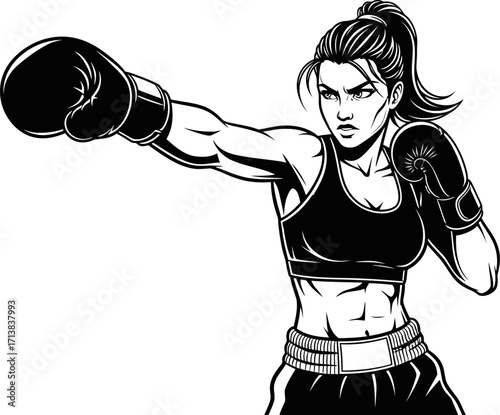Determined female boxer throws a powerful punch, showcasing strength and focus in a dynamic pose.