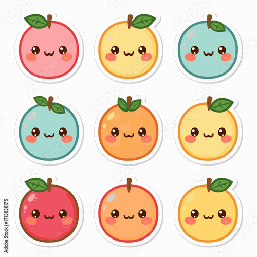 A set of kawaii-style fruit stickers in vector format with solid colors and white background, showcasing cute and playful designs