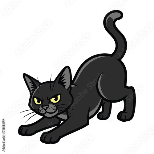 Black Cat's Stretch: A sleek black cat with piercing yellow eyes stretches languidly, captured in a dynamic illustration, showcasing the feline's agility and grace.