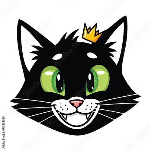 Majestic Feline Monarch: An illustration of a regal black cat, crowned with a golden emblem and displaying an enigmatic grin, perfect for representing royalty and joy.