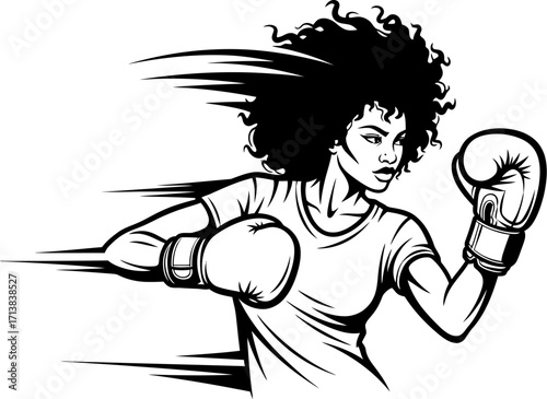 Determined woman with afro boxing with speed lines, powerful action pose