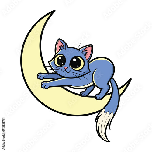 A Moonlit Cat's Serenade: A cute cartoon cat perched on a crescent moon, exuding a whimsical and playful vibe. The cat is the heart of the image