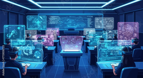 Futuristic vector scene of students