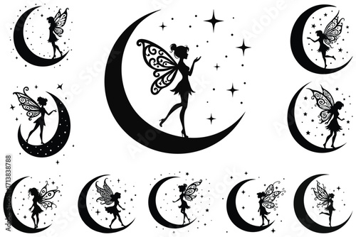 Black silhouette fairies on crescent moons with stars