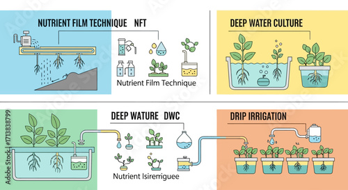 vector infographic explaining different hydroponic systems
