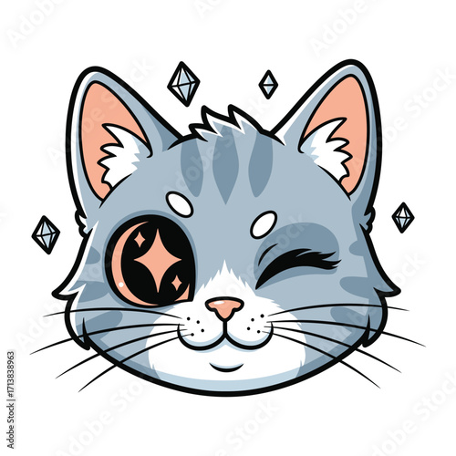 Whimsical Cat Portrait: A cheerful cat illustration with a wink and sparkling details, perfectly capturing the charm and playfulness of a beloved feline.