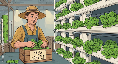 Vector of a farmer harvesting hydroponic