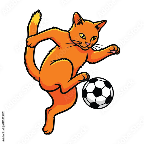 Cat Kicking Soccer Ball: An orange cat, full of agility and focus, artfully kicks a soccer ball, showcasing both athleticism and playful engagement.