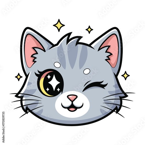 Whimsical Cat Illustration: An adorable, winking cat with striking eyes, surrounded by playful star accents, a delightful graphic that captures the essence of charm and cuteness.