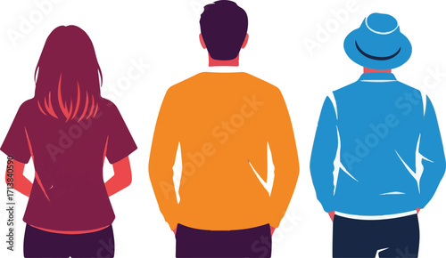 Three Diverse People Standing from Behind, Isolated on White