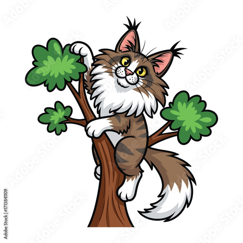 Maine Coon Cat Climbing Tree: An illustration of a playful Maine Coon cat perched on a sturdy tree branch, its expressive eyes and relaxed pose capturing the essence of joy in its natural habitat.