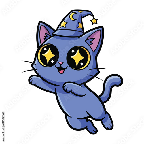 Whimsical Cat Wizard: A cartoon cat adorned with a wizard's hat, radiating charm and wonder. The illustration captures a magical journey.