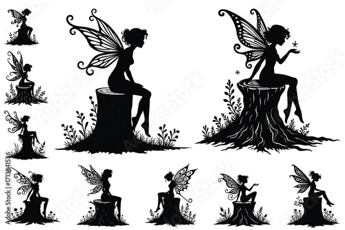 Black silhouette fairies with ornate wings on tree stumps